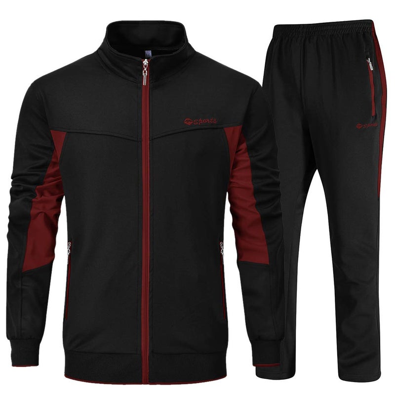 YSENTO Mens Sweat Suits 2 Pieces Warm Up Suits Full Zip Workout Jogging Sports Tracksuits Black Red M - Image 2